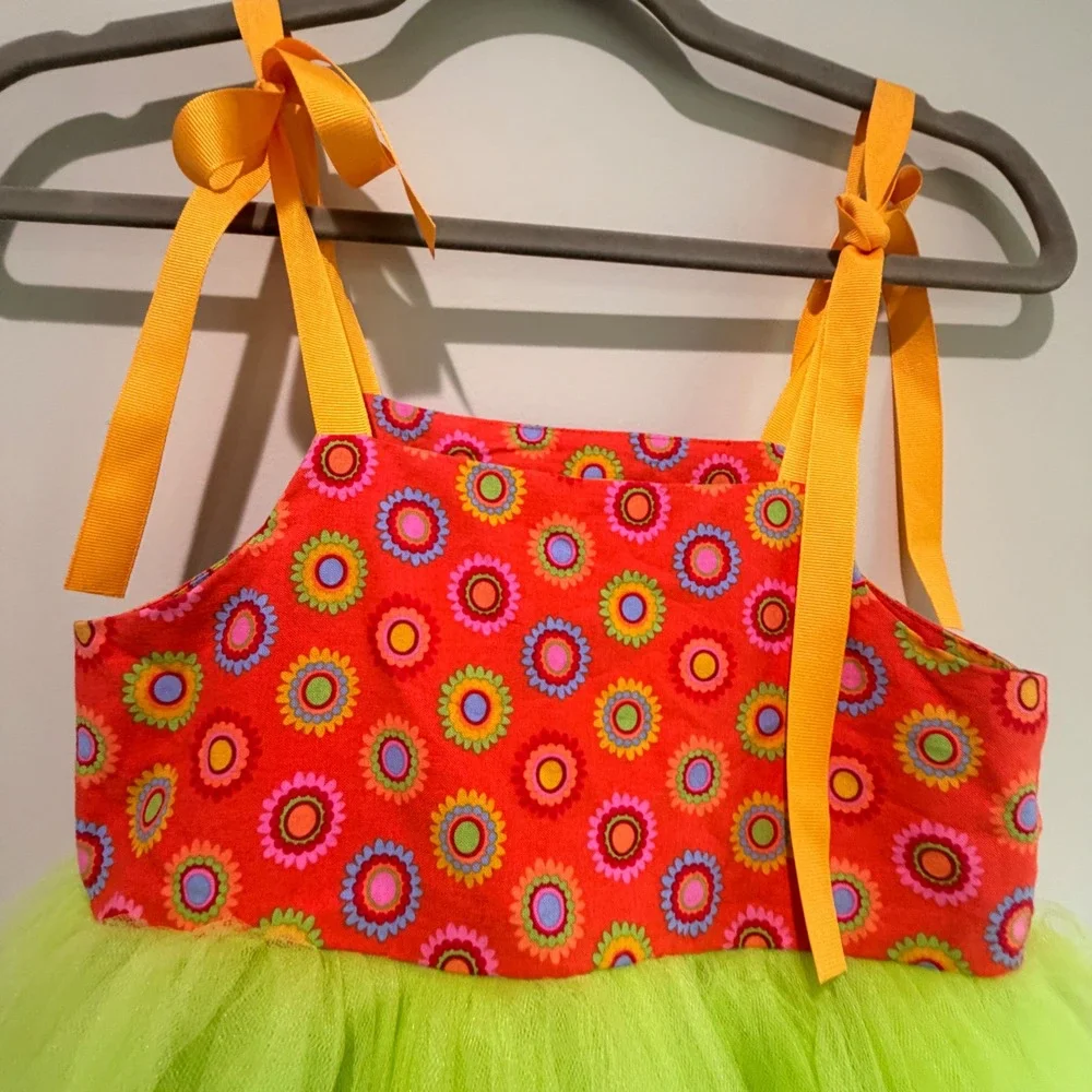 Moo Boos Tulle Tutu Dress Kids Size 6 Floral Neon Green Orange Fun Dressup Fairy